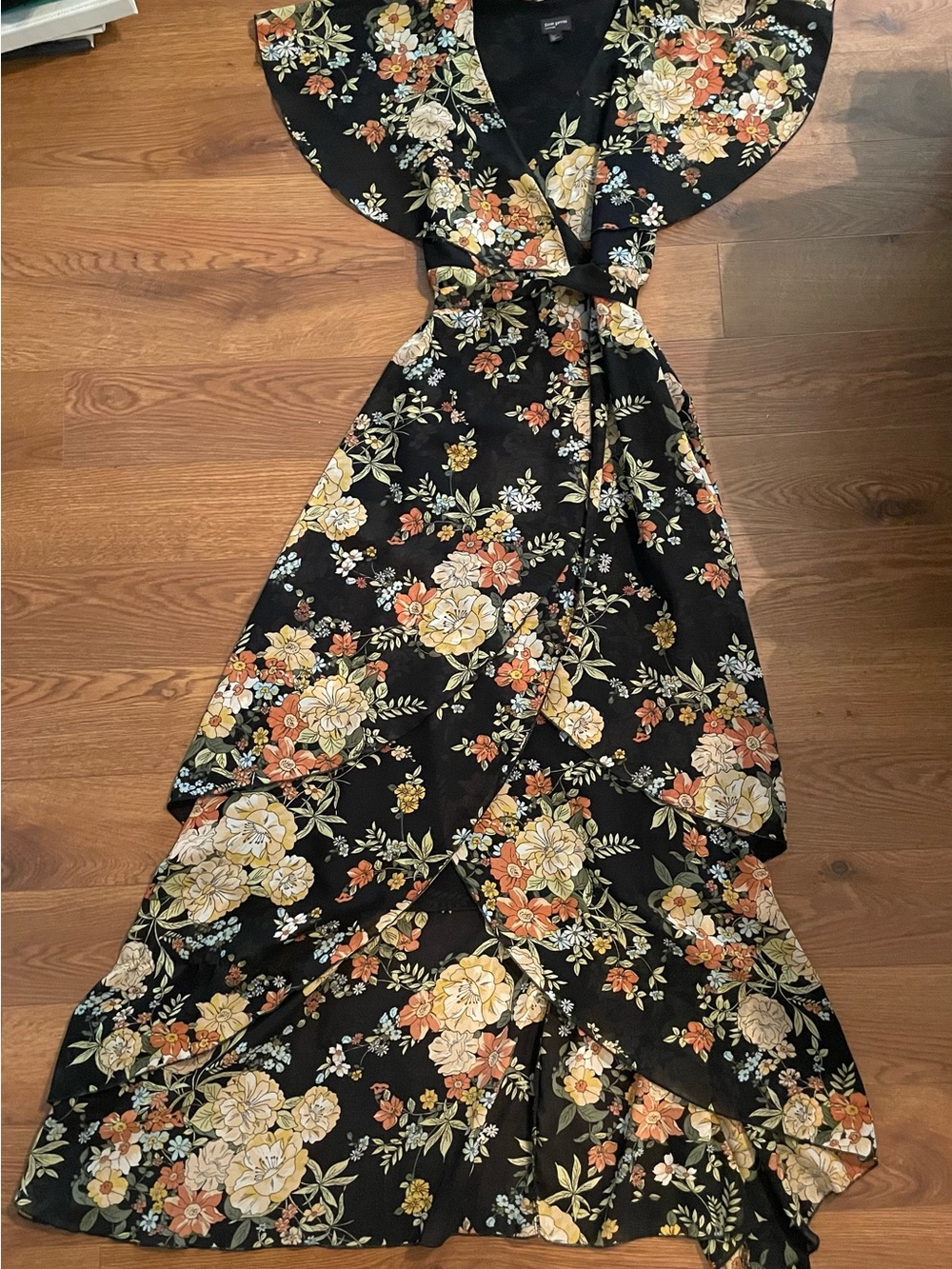 free press Black Floral Wrap Maxi Dress with Yellow and Orange Blooms